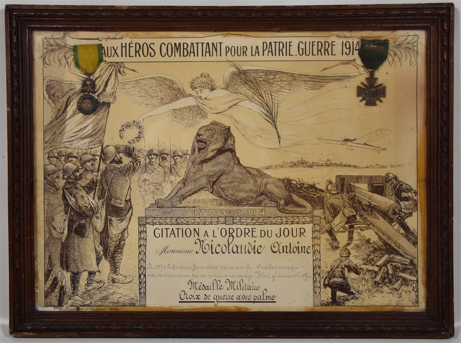 Diplome Commemoratif Aux Heros Combattant Pour La Patrie 1870 1914 Citation A L Ord