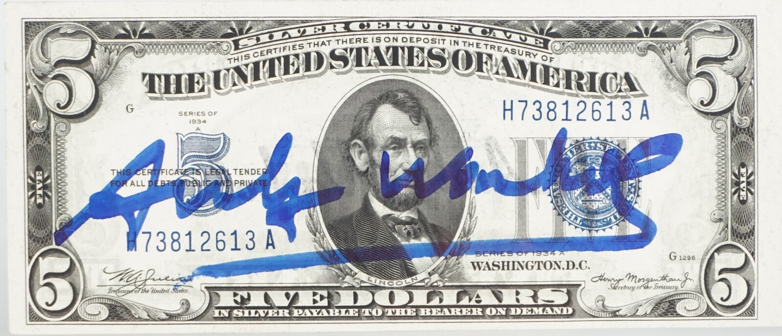 Attribué à Andy WARHOL 1928 1987 Billet de cinq dollars Abraham Lincoln signé au